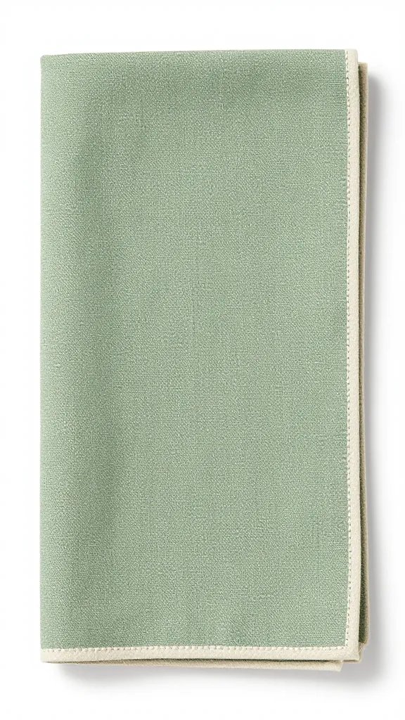 closeup sage green linen napkin with cream stitched edge