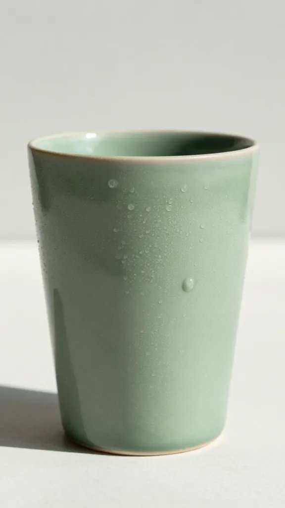 sage green ceramic tumbler with condensation in sunlight
