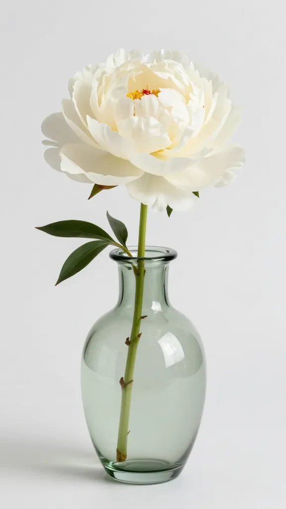 single cream peony in sage glass bud vase