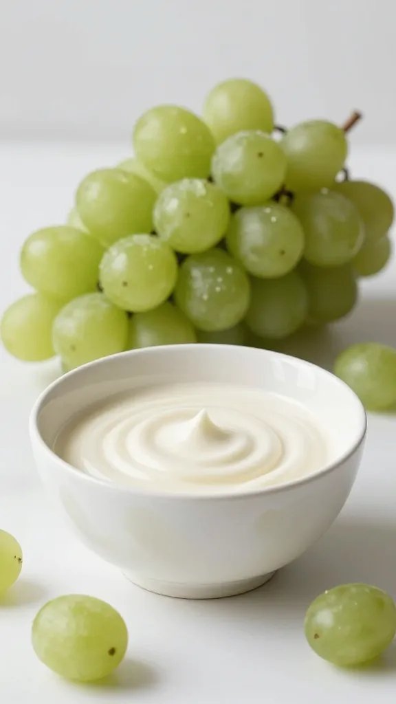 cream stoneware bowl of green grapes, tight crop