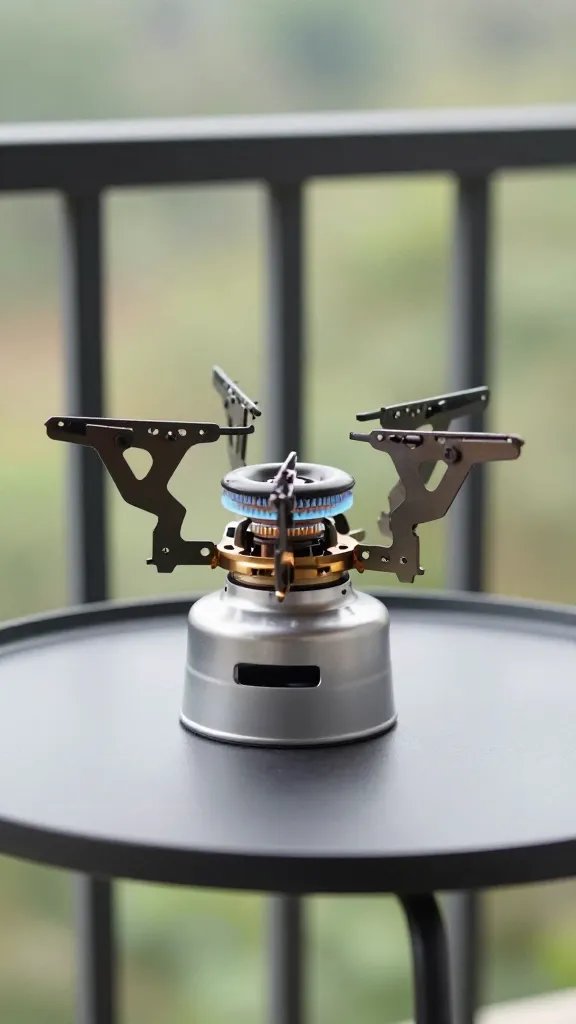 compact single-burner camp stove on small balcony table