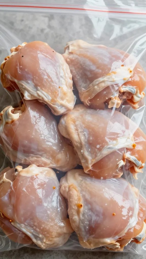 closeup of prepped marinated chicken thighs in zip bag
