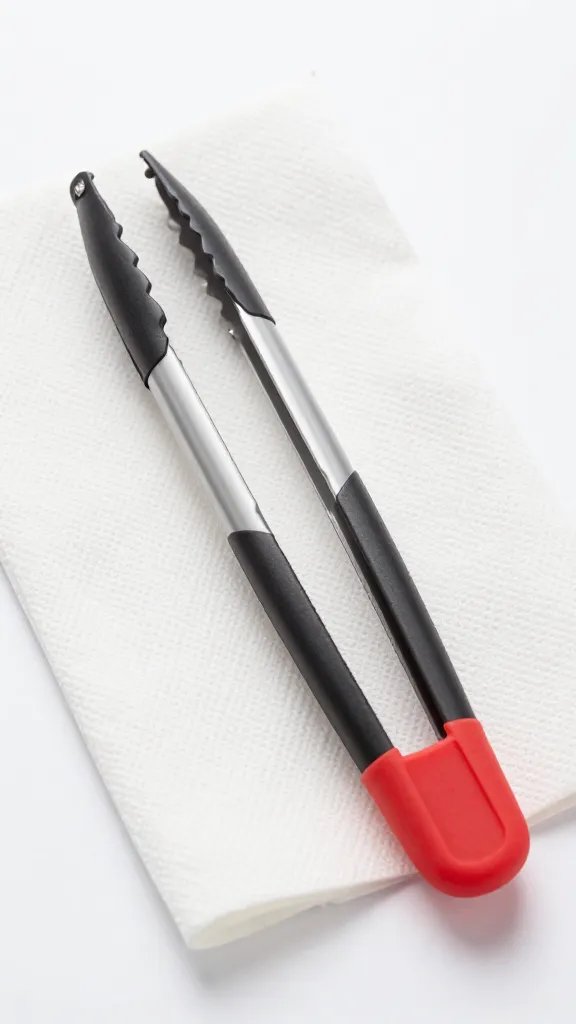 silicone-tipped tongs resting on folded paper towel