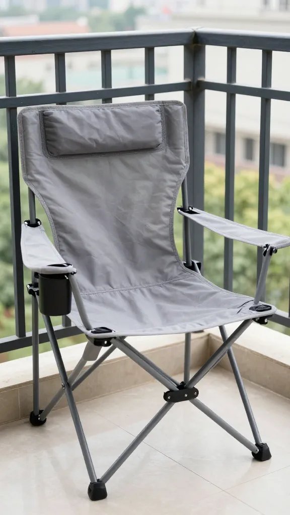 collapsible gray camp chair with cupholder, balcony setting