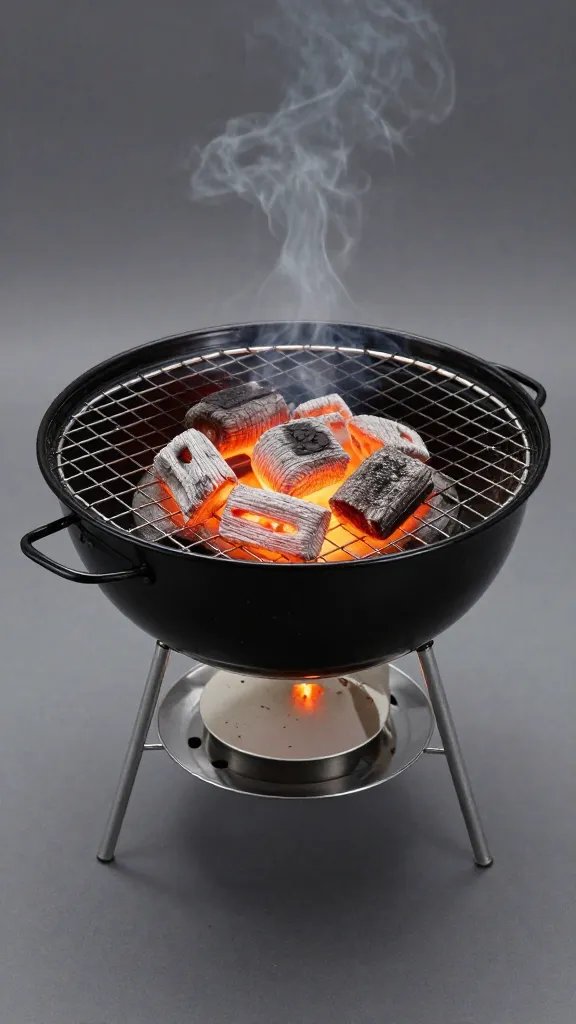 small tabletop charcoal grill with glowing coals
