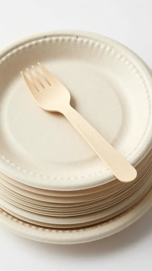 stack of compostable plates with wooden fork on top