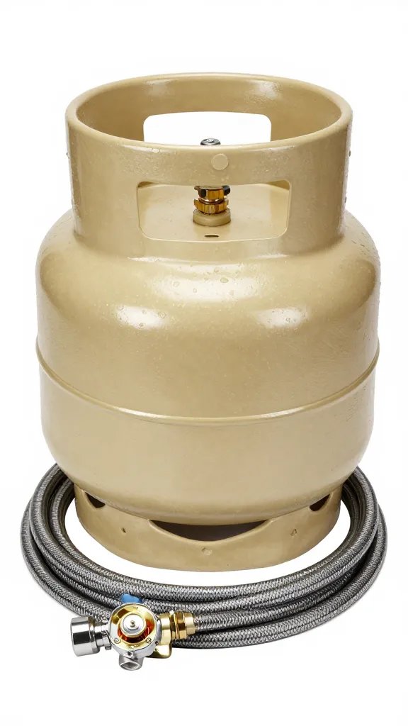 neatly coiled 10-foot propane hose beside regulator