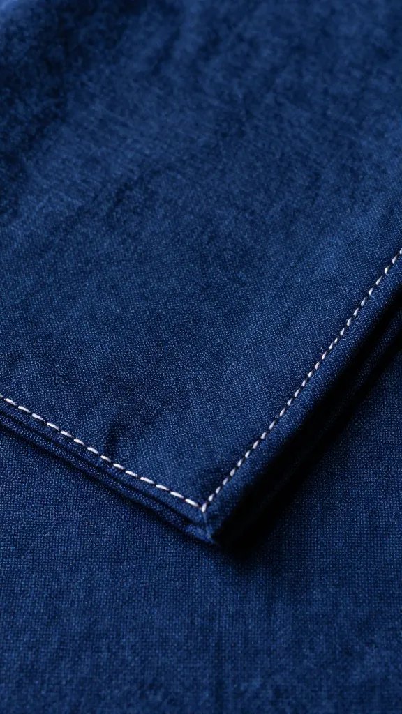 closeup moody blue linen napkin with aubergine stitch edge