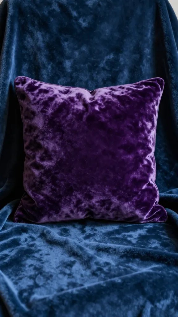 single aubergine velvet pillow on moody blue blanket