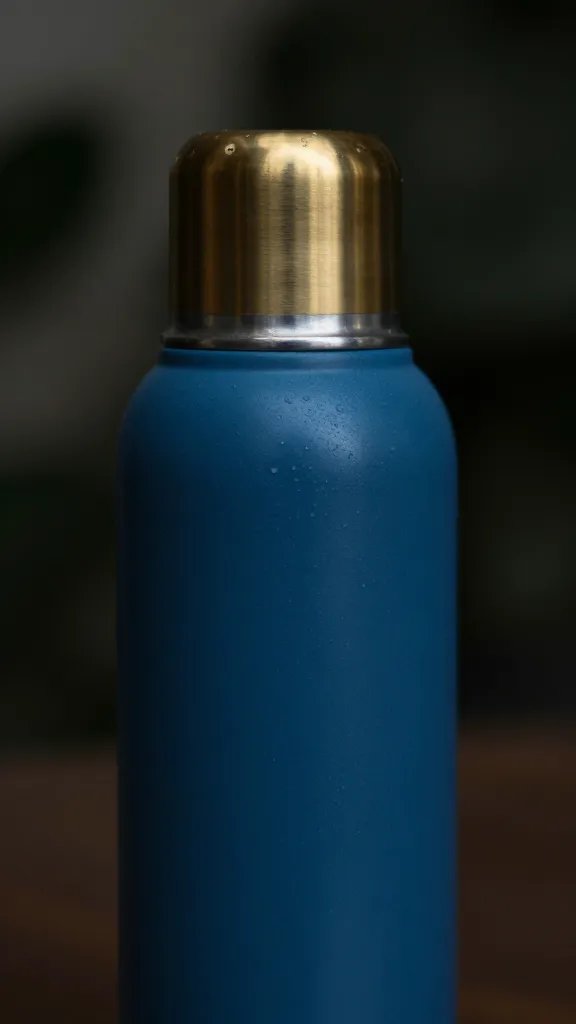 closeup moody blue thermos with brass cap
