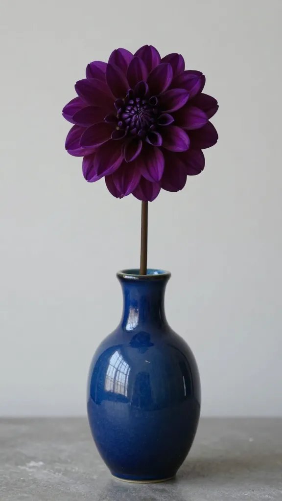 single aubergine dahlia in moody blue bud vase