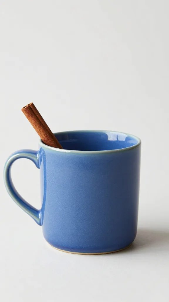 moody blue ceramic mug with cinnamon stick