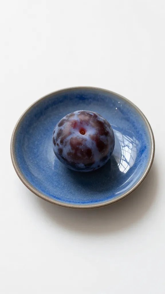 single plum on moody blue stoneware saucer