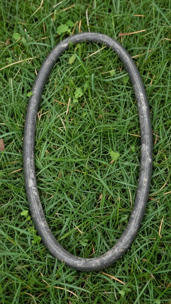 closeup of weathered garden hose outlining oval on lawn