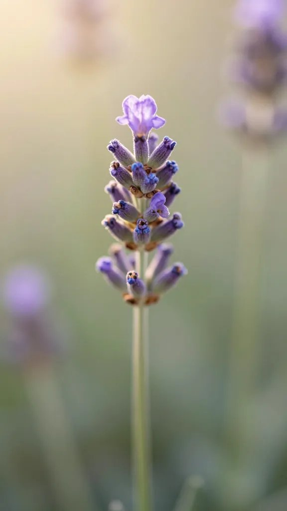 single lavender spike in bloom, soft morning backlight