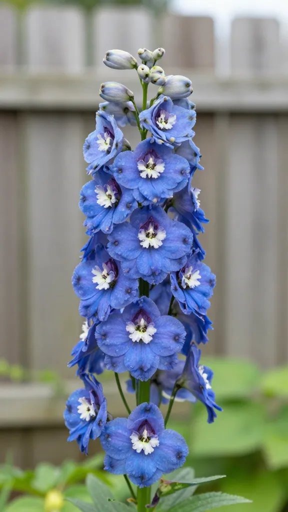 single delphinium stem, cobalt florets against blurred fence