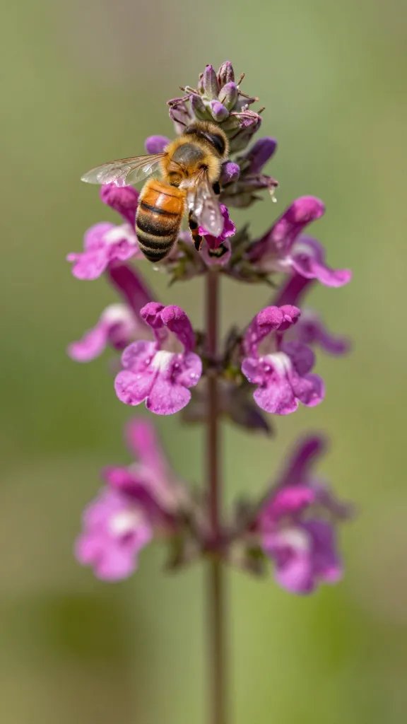 single bee balm blossom, magenta tubular petals