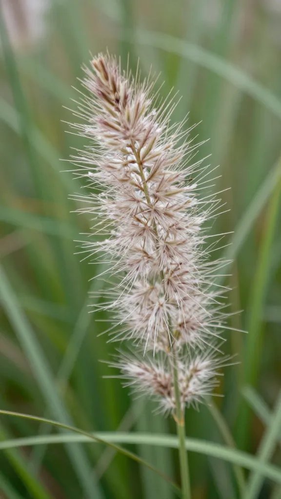 single ornamental grass plume, feathery panicle closeup