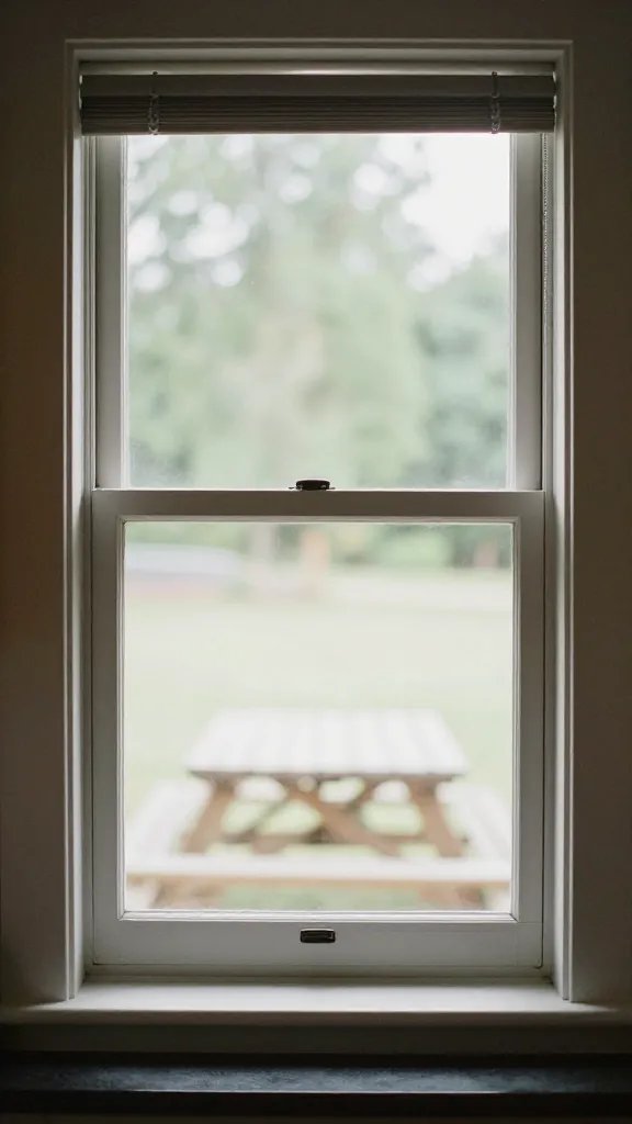 kitchen-window viewfinder frame, blurred picnic chairs beyond