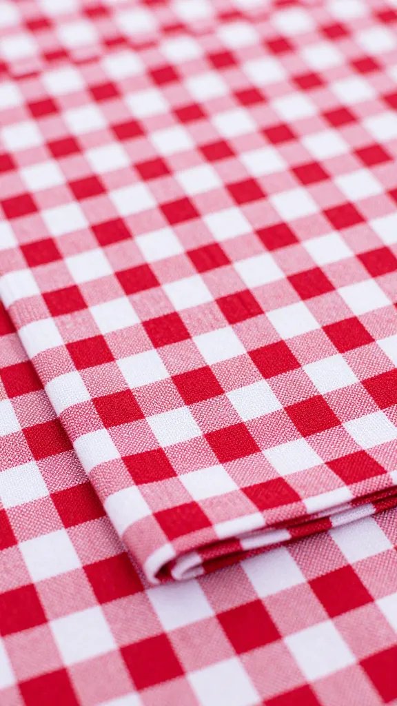 closeup of red gingham napkin folded on picnic blanket