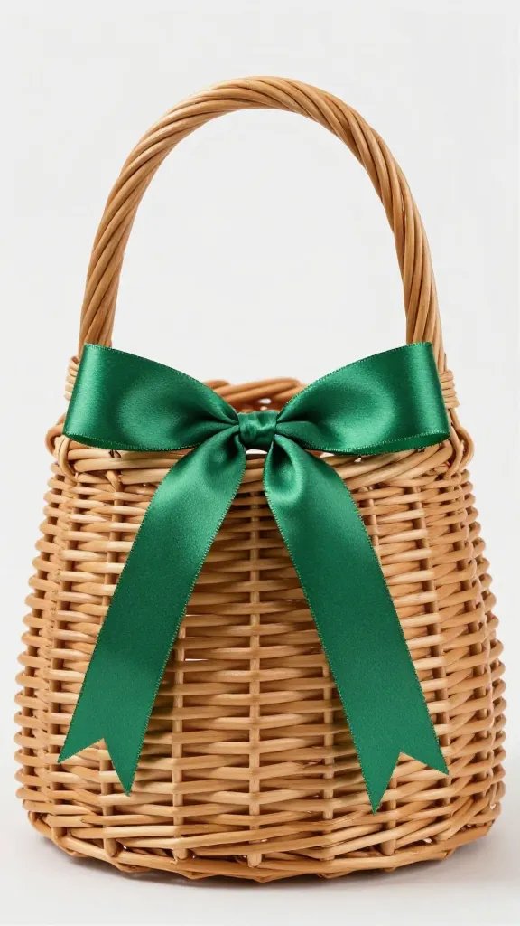 single green ribbon tied on wicker basket handle