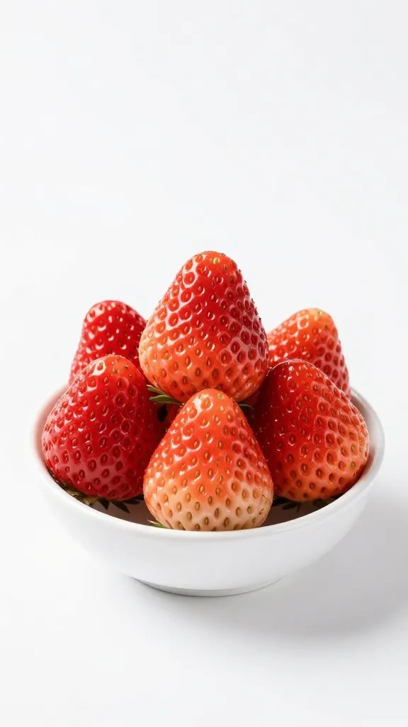 cluster of ripe strawberries in small white bowl