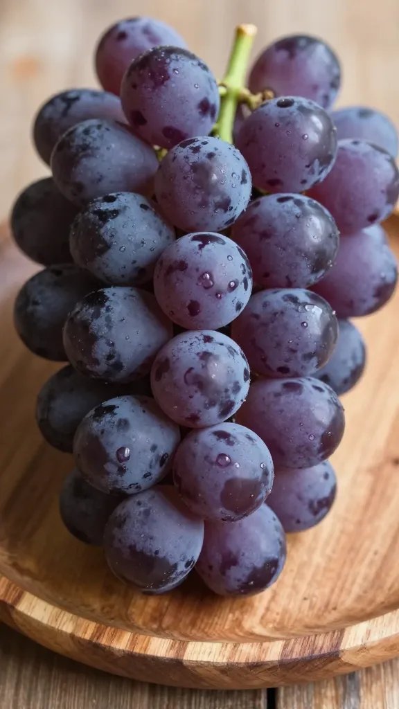 closeup of purple grapes on rustic wooden plate