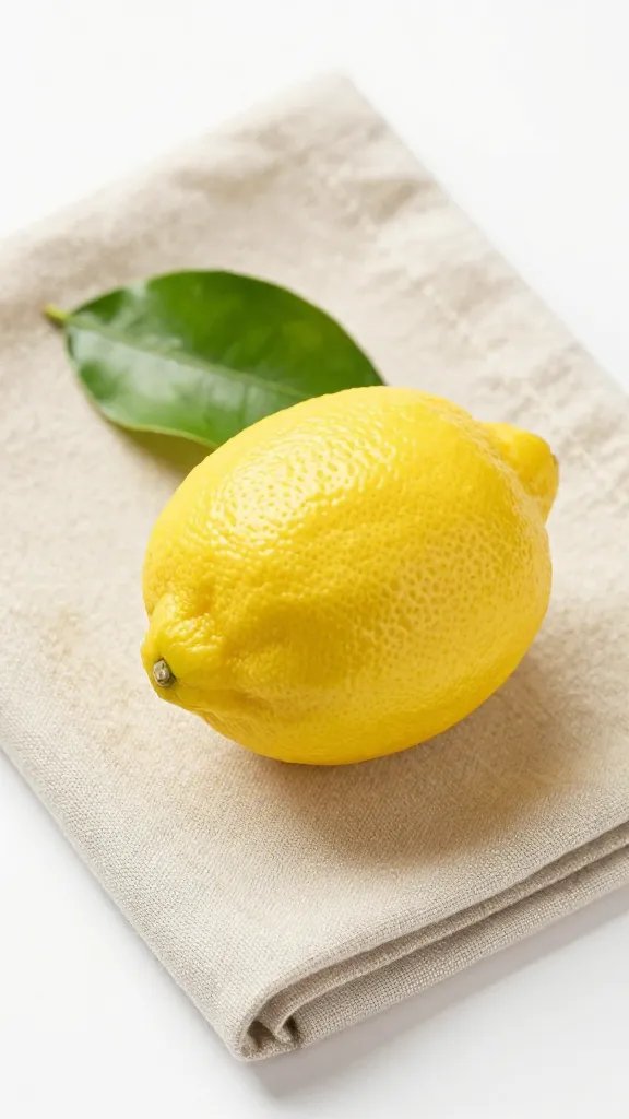 single yellow lemon with leaf on linen napkin