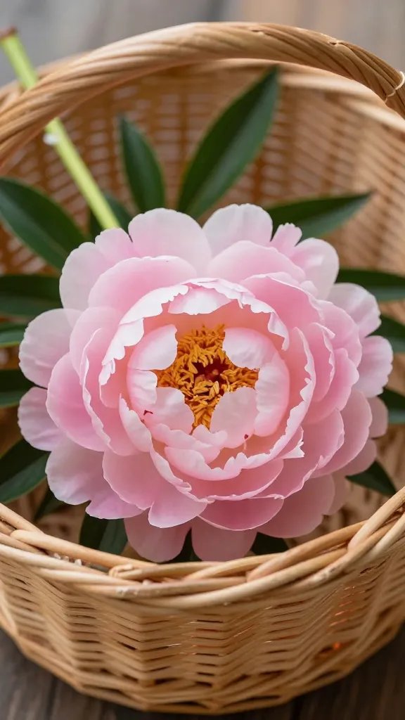 blush peony stem laid across basket handle