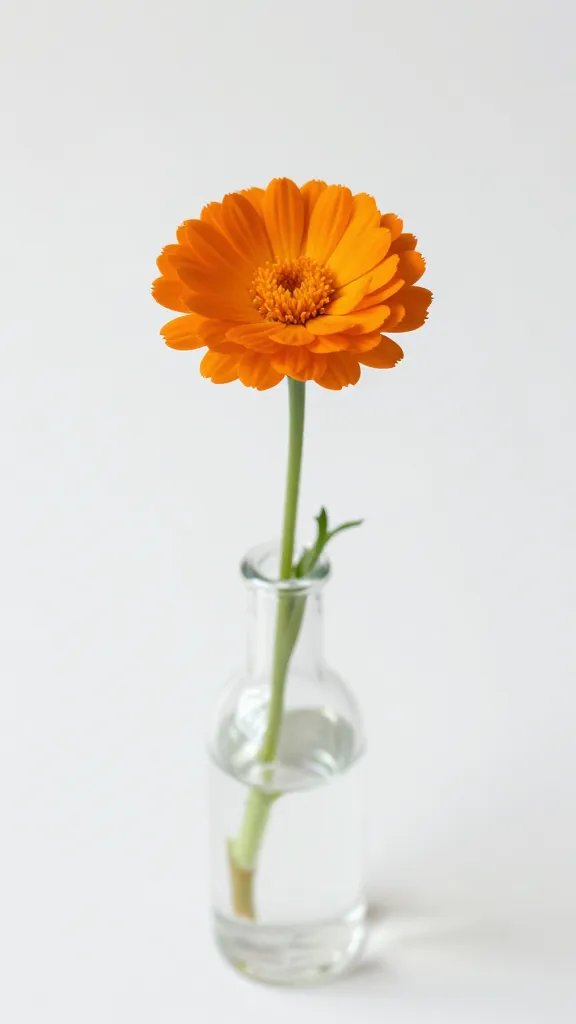 single orange marigold in tiny glass bud vase
