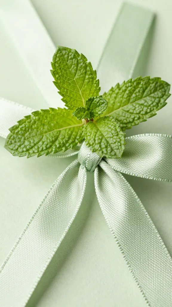 closeup of mint sprig tucked into ribbon knot