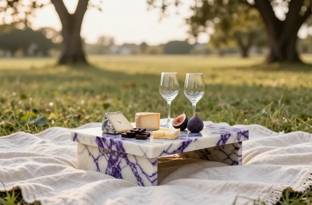 Elevate Alfresco Dining Using "Viola Marble" Trays for a High-End Picnic Experience