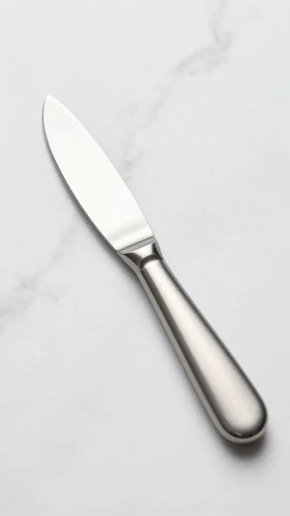 stainless cheese knife resting on Viola Marble
