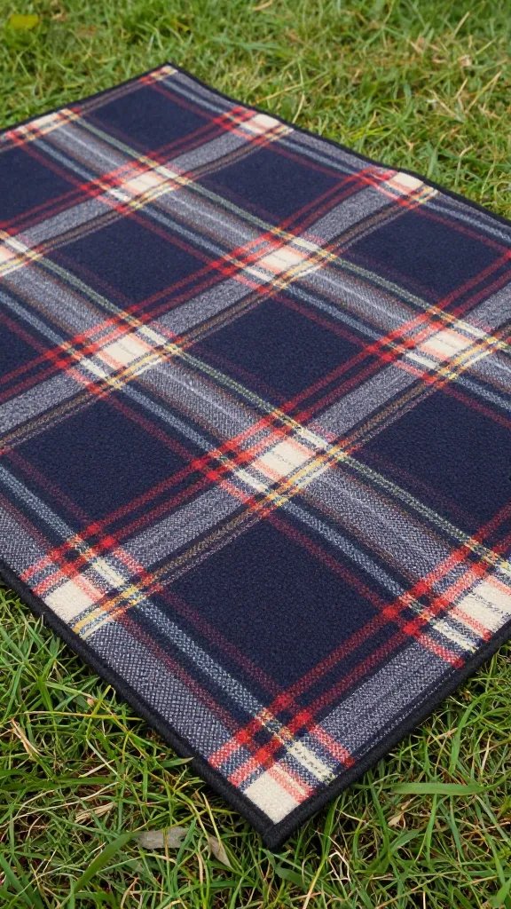 Closeup tartan wool picnic rug on damp grass