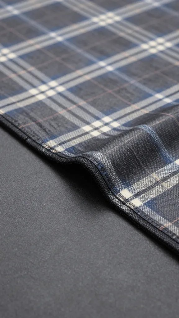 Waterproof groundsheet edge peeking beneath tartan