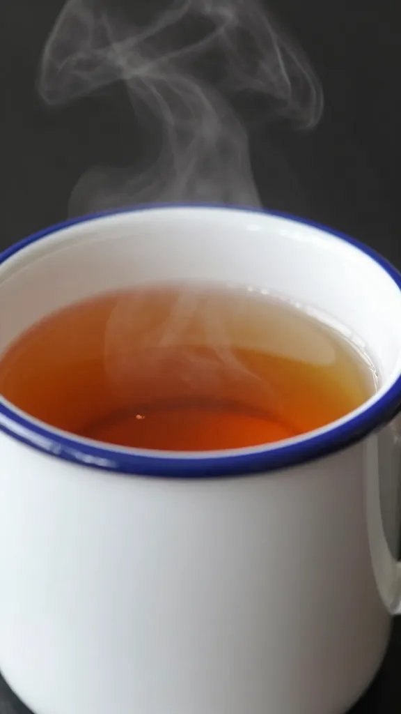 Enamel mug of hot tea with steam, closeup