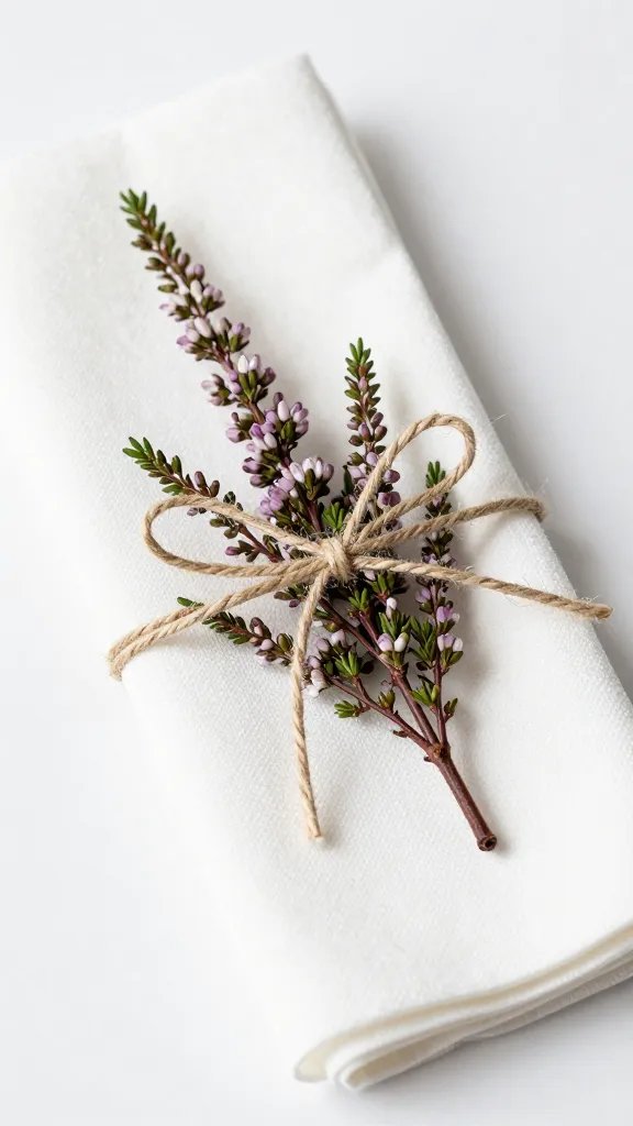 Heather sprig tied with twine on napkin