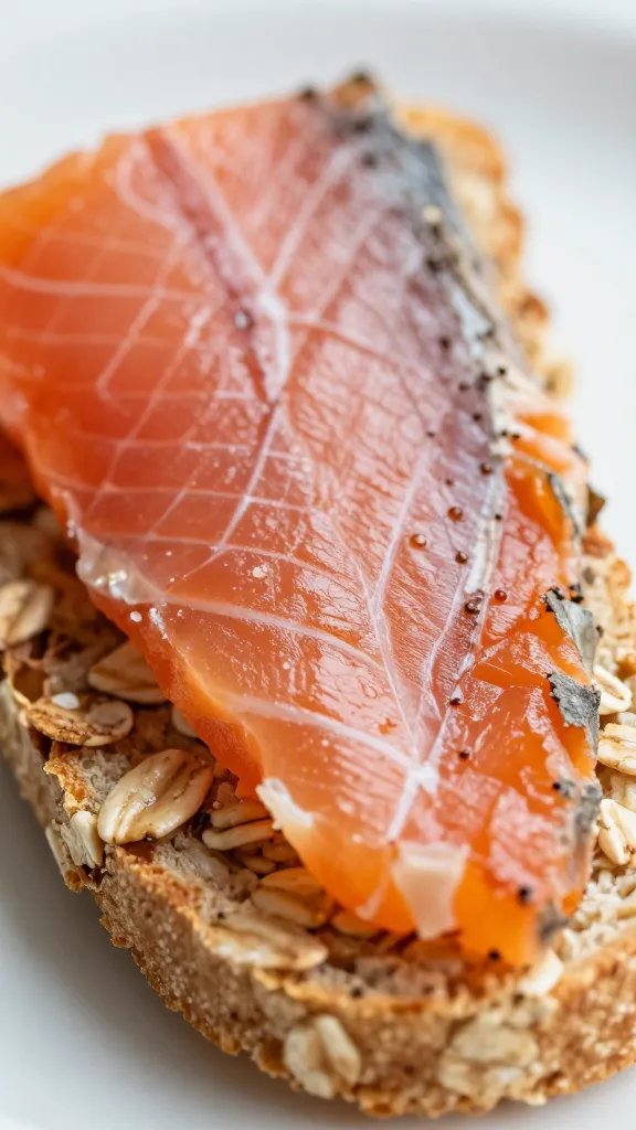Smoked salmon slice on oatcake, closeup