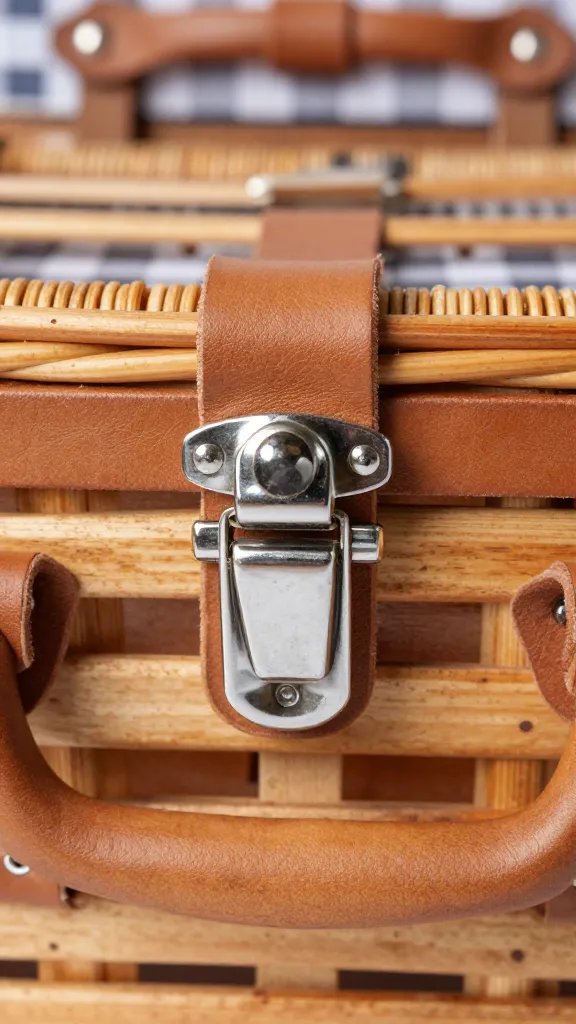 Leather-strapped picnic basket latch, detail