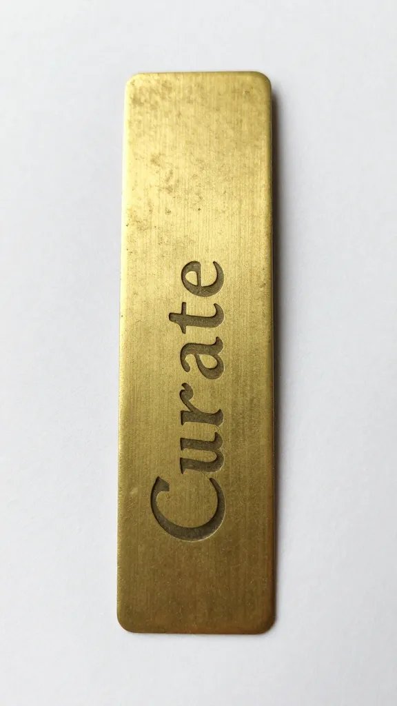 single vintage brass bookmark labeled “Curate,” macro shot