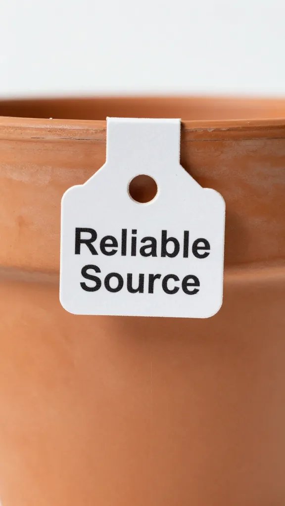 single terracotta pot with plant tag “Reliable Source,” macro