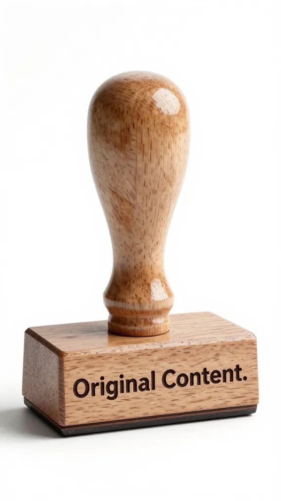 single wooden stamp engraved “Original Content,” studio lighting
