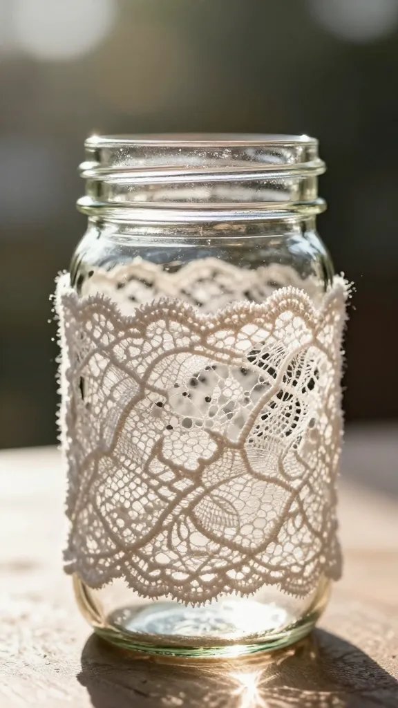 mason jar wrapped in lace sleeve, sunlight bokeh