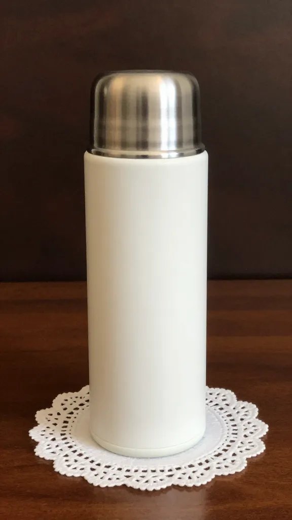 enamel thermos topped with circular lace coaster