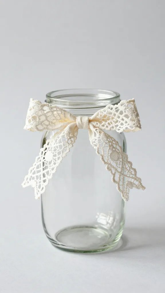 single mason jar vase with lace ribbon bow