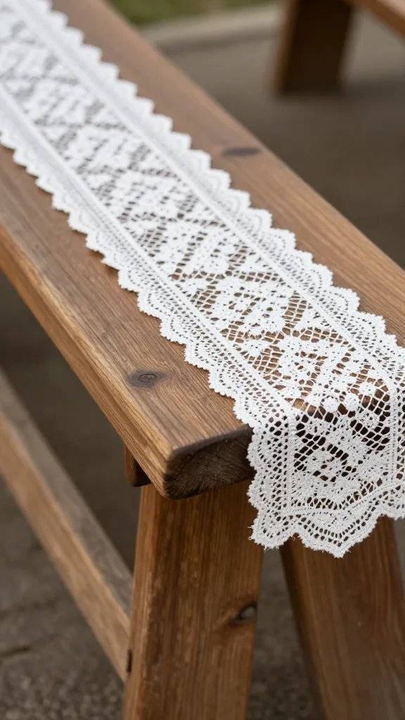 wooden picnic bench edge draped with lace runner