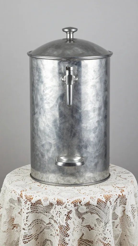 galvanized drink dispenser on lace-covered stand