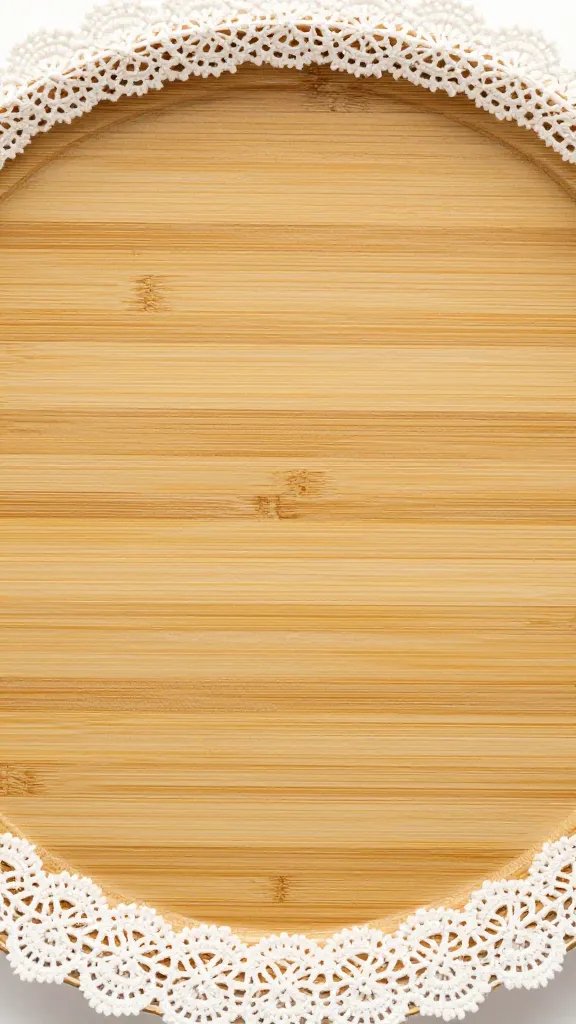 bamboo plate with lace-trimmed edge, overhead closeup