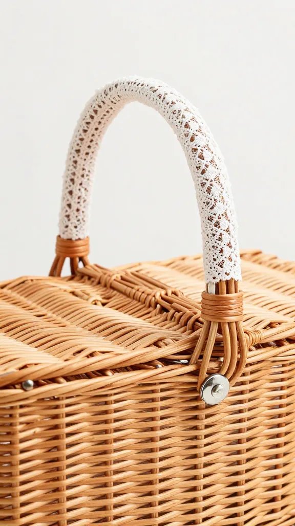 wicker picnic hamper handle wrapped in lace strip