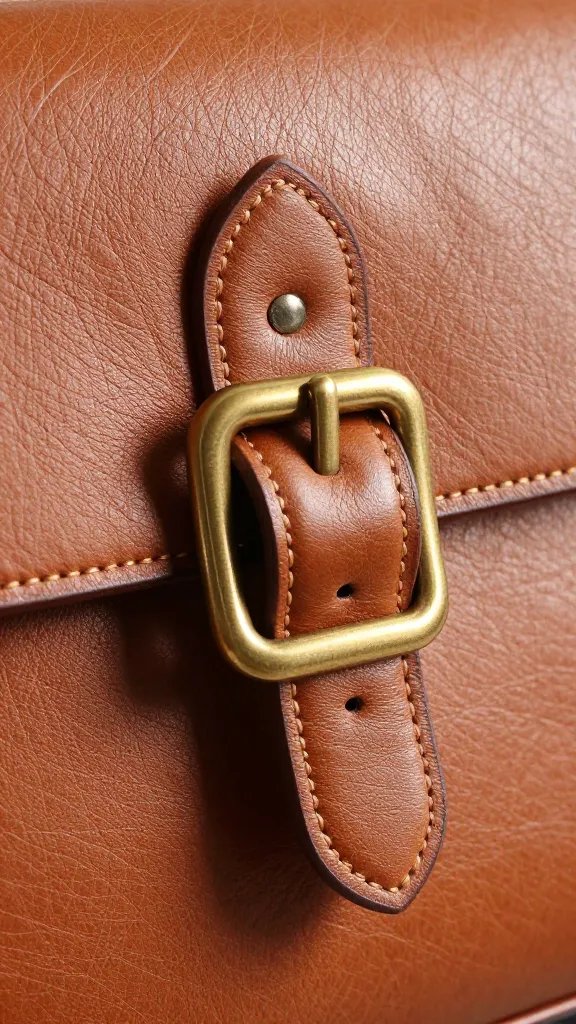 messenger satchel brass buckle, sunlit leather grain closeup